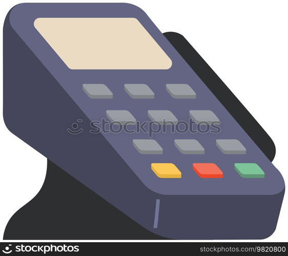 Pos terminal, payment by debit credit card, pin code. NFC technology. Pay for purchases using card at supermarket concept. Device for contactless payment with buttons isolated on white background. Device for contactless payment with buttons. Pos terminal, NFC technology, pay for purchases