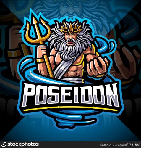 Poseidon esport mascot logo design with trident weapon