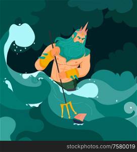 Poseidon greek god of sea with trident cartoon vector illustration