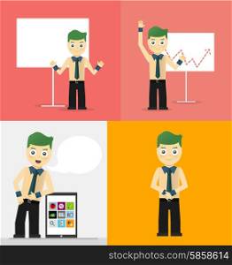 Poses of young businessmen, presentation on white board, leaning on tablet concept and confident positive pose. Set of illustrations