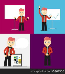 Poses of young businessmen, presentation on white board, leaning on tablet concept and confident positive pose. Set of illustrations