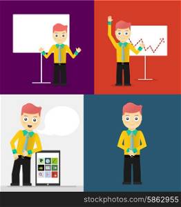 Poses of young businessmen, presentation on white board, leaning on tablet concept and confident positive pose. Set of illustrations