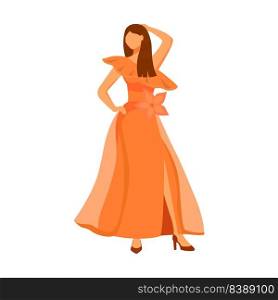 Posing woman wearing wavy maxi dress semi flat color vector character. Standing figure. Full body person on white. Simple cartoon style illustration for web graphic design and animation. Posing woman wearing wavy maxi dress semi flat color vector character