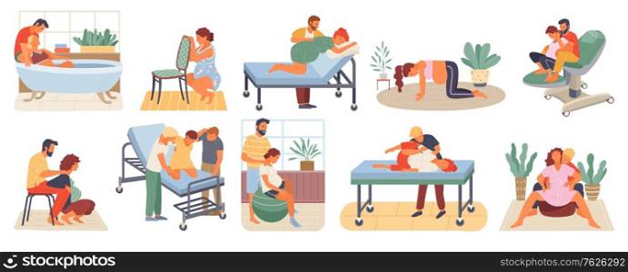 Position of pregnant woman, reproduction set, man obstetrics. Female with belly giving birth on floor, chair and ball, bath. Husband helps childbirth. Childbirth labor positions and postures at home. Pregnant Woman, Birth Positions, Infant Vector