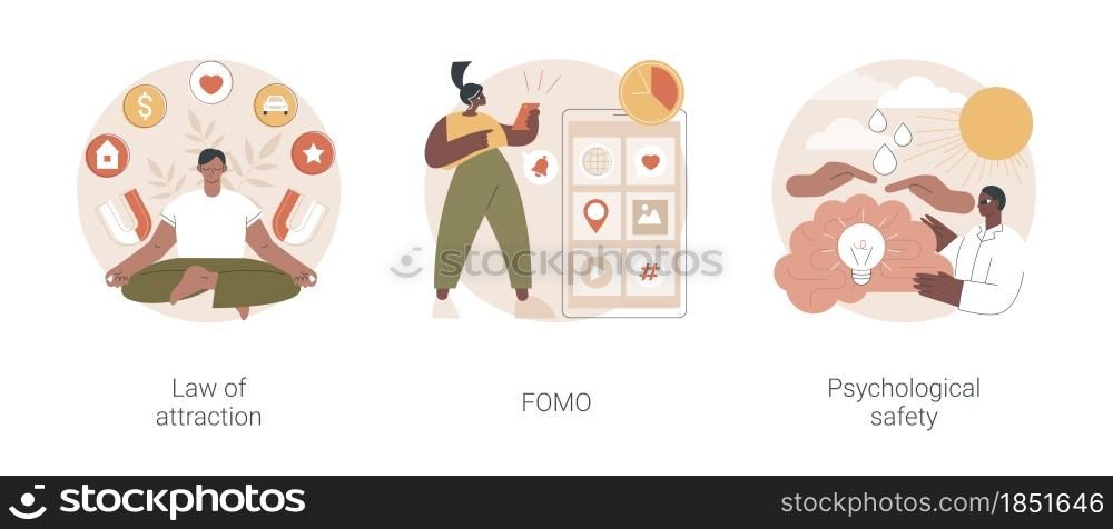 Positive and negative emotions abstract concept vector illustration set. Law of attraction, FOMO, psychological safety, social anxiety, well-being, personal comfort, visualization abstract metaphor.. Positive and negative emotions abstract concept vector illustrations.