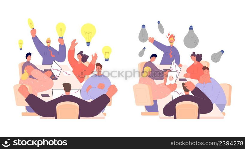 Positive and negative motivation. Creative teamwork, successful and failed brainstorm with leader concept. Business leadership, office work vector scene. Illustration of success motivation. Positive and negative motivation. Creative teamwork, successful and failed brainstorm with leader concept. Business leadership, office work vector scene