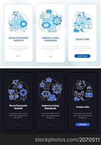 Positive automation impact night, day onboarding mobile app screen. Walkthrough 3 steps graphic instructions pages with linear concepts. UI, UX, GUI template. Myriad Pro-Bold, Regular fonts used. Positive automation impact night, day onboarding mobile app screen