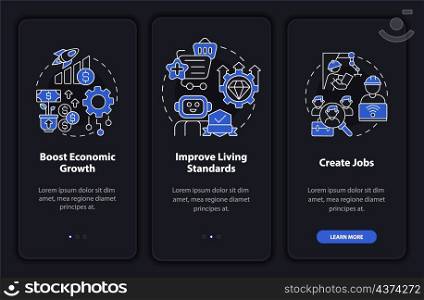 Positive automation impact night mode onboarding mobile app screen. Walkthrough 3 steps graphic instructions pages with linear concepts. UI, UX, GUI template. Myriad Pro-Bold, Regular fonts used. Positive automation impact night mode onboarding mobile app screen