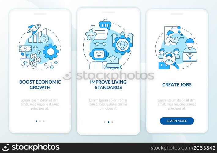 Positive automation impact on society blue onboarding mobile app screen. Walkthrough 3 steps graphic instructions pages with linear concepts. UI, UX, GUI template. Myriad Pro-Bold, Regular fonts used. Positive automation impact on society blue onboarding mobile app screen