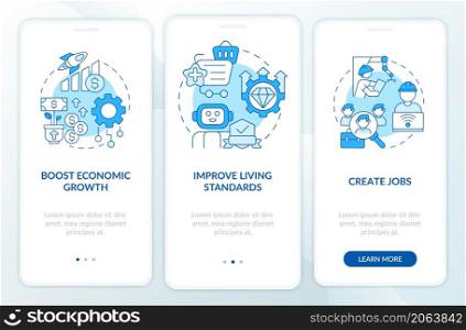 Positive automation impact on society blue onboarding mobile app screen. Walkthrough 3 steps graphic instructions pages with linear concepts. UI, UX, GUI template. Myriad Pro-Bold, Regular fonts used. Positive automation impact on society blue onboarding mobile app screen