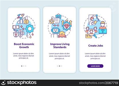 Positive automation impact on society onboarding mobile app screen. Walkthrough 3 steps graphic instructions pages with linear concepts. UI, UX, GUI template. Myriad Pro-Bold, Regular fonts used. Positive automation impact on society onboarding mobile app screen