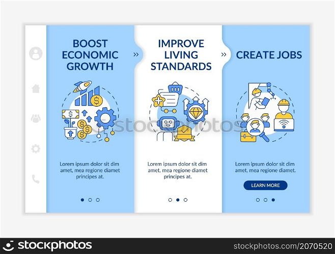 Positive automation impact on society white and blue onboarding template. Responsive mobile website with linear concept icons. Web page walkthrough 3 step screens. Lato-Bold, Regular fonts used. Positive automation impact on society white and blue onboarding template
