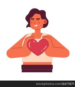 Positive brunette woman holds small heart semi flat color vector character. Editable half body young woman on white. Simple cartoon spot illustration for web graphic design. Positive brunette woman holds small heart semi flat color vector character
