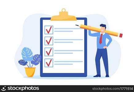 Positive business man with a giant pencil on his shoulder nearby marked checklist on a clipboard paper. Task done business concept. Vector illustration in flat style. Positive business woman