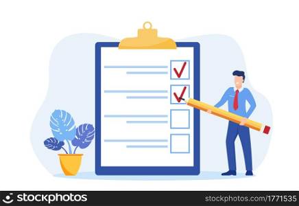 Positive business man with a giant pencil on his shoulder nearby marked checklist on a clipboard paper. Task done business concept. Vector illustration in flat style. Positive business man