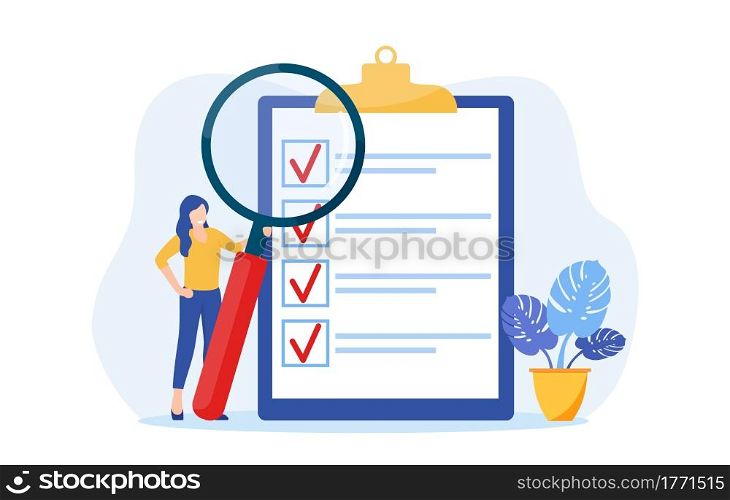 Positive business people with a magnifying glass nearby are marked with a checklist on clipboard paper. Successfully complete business assignments. Vector illustration in flat style. Positive business people with a magnifying glass