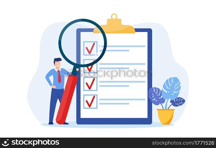 Positive business people with a magnifying glass nearby are marked with a checklist on clipboard paper. Successfully complete business assignments. Vector illustration in flat style. Positive business people with a magnifying glass