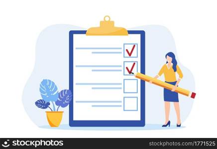 Positive business woman with a giant pencil on his shoulder nearby marked checklist on a clipboard paper. Task done business concept. Vector illustration in flat style. Positive business woman