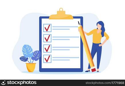 Positive business woman with a giant pencil on his shoulder nearby marked checklist on a clipboard paper. Task done business concept. Vector illustration in flat style. Positive business woman