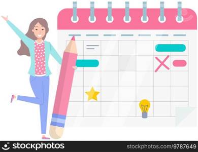 Positive business woman with giant pencils nearby marked calendar. Successful completion of business tasks, time management, scheduling concept. Happy lady works with schedule, calendar plan. Positive business woman with giant pencils nearby marked calendar. Happy lady works with schedule