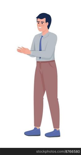 Positive businessman clapping hands semi flat color vector character. Editable figure. Full body person on white. Simple cartoon style illustration for web graphic design and animation. Positive businessman clapping hands semi flat color vector character