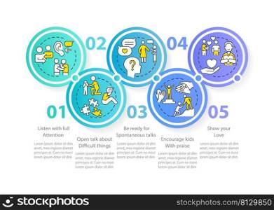 Positive communication blue circle infographic template. Family relations. Data visualization with 5 steps. Process timeline info chart. Workflow layout with line icons. Myriad Pro-Regular font used. Positive communication blue circle infographic template