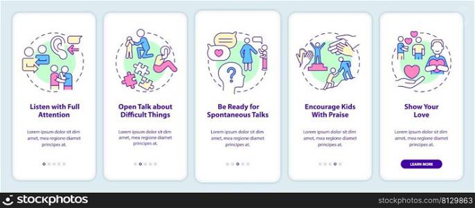 Positive communication onboarding mobile app screen. Family relationship walkthrough 5 steps graphic instructions pages with linear concepts. UI, UX, GUI template. Myriad Pro-Bold, Regular fonts used. Positive communication onboarding mobile app screen