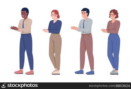 Positive coworkers semi flat color vector characters set. Editable figures. Full body people on white. Business simple cartoon style illustrations collection for web graphic design and animation. Positive coworkers semi flat color vector characters set