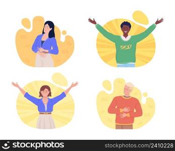 Positive emotions 2D vector isolated illustrations set. Laughing flat characters on cartoon background. Colourful scenes collection for mobile, website, presentation. Luckiest Guy Regular font used. Positive emotions 2D vector isolated illustrations set