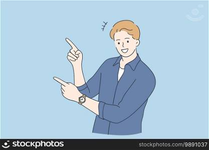 Positive emotions and gesturing concept. Young smiling man cartoon character wearing denim shirt standing looking at camera and pointing with two hands and fingers to side vector illustration . Positive emotions and gesturing concept