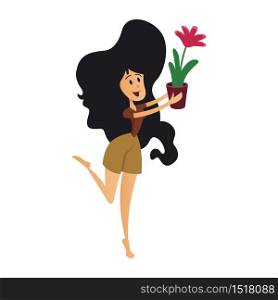 Positive girl with houseplant flat cartoon vector illustration. Pisces zodiac sign personality. Ready to use 2d character template for commercial, animation, printing design. Isolated comic hero