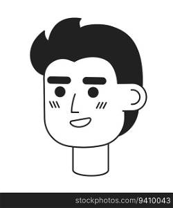 Positive handsome young man monochrome flat linear character head. Editable outline hand drawn human face icon. Blessed entrepreneur. 2D cartoon spot vector avatar illustration for animation. Positive handsome young man monochrome flat linear character head