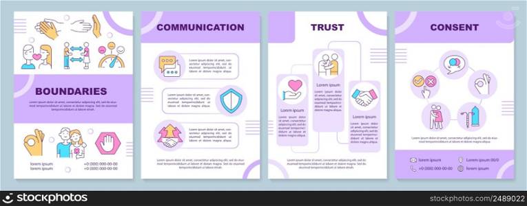 Positive healthy relationships purple brochure template. Trust, consent. Leaflet design with linear icons. 4 vector layouts for presentation, annual reports. Arial-Black, Myriad Pro-Regular fonts used. Positive healthy relationships purple brochure template