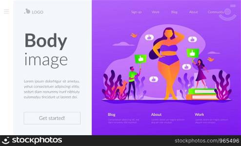 Positive lifestyle, optimistic attitude. Overweight lingerie model. Body positivity, acceptance for all body types, body image, self-confidence concept. Website homepage header landing web page template.. Body positive landing page template
