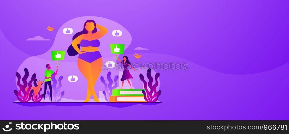 Positive lifestyle, optimistic attitude. Overweight lingerie model. Body positivity, acceptance for all body types, body image, self-confidence concept. Header or footer banner template with copy space.. Body positive web banner concept