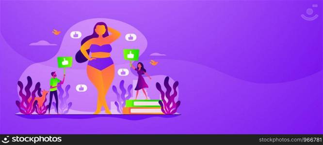 Positive lifestyle, optimistic attitude. Overweight lingerie model. Body positivity, acceptance for all body types, body image, self-confidence concept. Header or footer banner template with copy space.. Body positive web banner concept