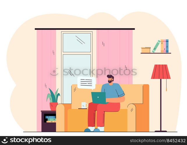 Positive man sitting on sofa and working on laptop flat vector illustration. Cartoon bearded guy having chat via computer at home. Freelance and communication concept