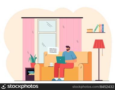 Positive man sitting on sofa and working on laptop flat vector illustration. Cartoon bearded guy having chat via computer at home. Freelance and communication concept