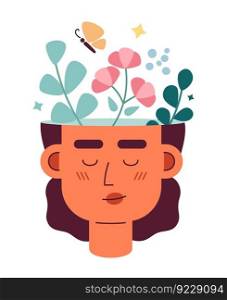 Positive mindset flat concept vector spot illustration. Woman with positive thinking head 2D cartoon character on white for web UI design. Meditation. Good vibes isolated editable creative hero image. Positive mindset flat concept vector spot illustration