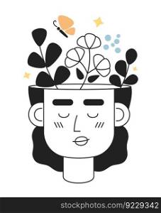 Positive mindset monochrome concept vector spot illustration. Woman with positive thinking head 2D flat bw cartoon character for web UI design. Good vibes isolated editable hand drawn hero image. Positive mindset monochrome concept vector spot illustration
