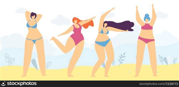 Positive Motivational Flat Banner Group of Active Plus Size Diverse Cartoon Woman in Swimming Suit Loved Body Free and Constraint Adoring Figure Posing Outdoors Vector Illustration Template. Positive Body Freedom Love Woman Motivate Banner