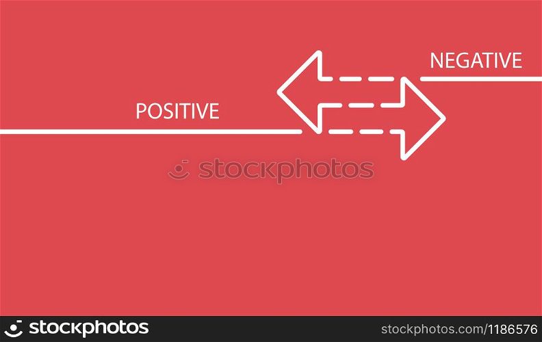Positive negative. Two arrows from white lines on a red background. Vector illustration of confrontation or comparison design. Direction in different directions.