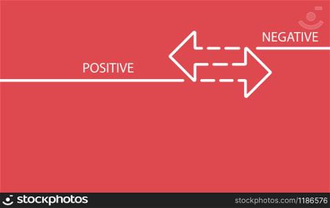 Positive negative. Two arrows from white lines on a red background. Vector illustration of confrontation or comparison design. Direction in different directions.