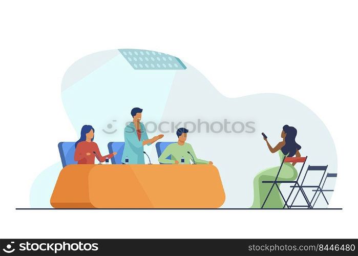 Positive officials speaking at press conference. Journalists holding voice recorder flat vector illustration. Journalism, announcement, event concept for banner, website design or landing web page