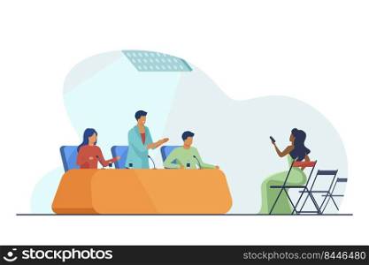 Positive officials speaking at press conference. Journalists holding voice recorder flat vector illustration. Journalism, announcement, event concept for banner, website design or landing web page