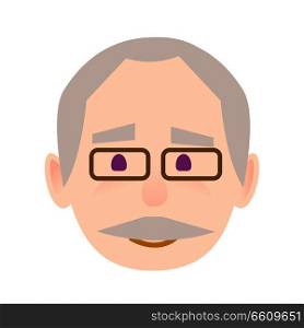Positive old man face icon. Grey-haired, mustached grandpa in glasses with calm facial expression flat vector isolated on white background. Pensioner cartoon portrait for user avatar illustration. Positive Old Man in Glasses Face Flat Vector Icon