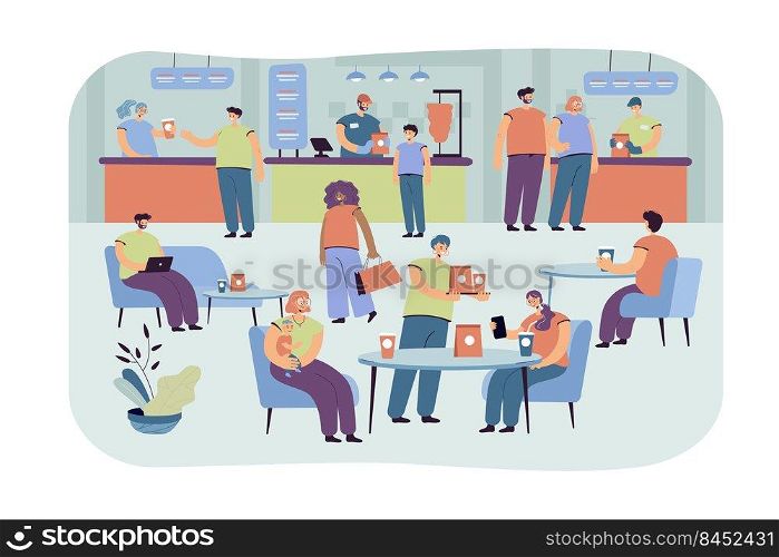 Positive peop≤eating in cafe isolated flat vector illustration. Cartoon characters having lunch in food court. Cafeteria∫erior and resτrant in shopπng mall concept