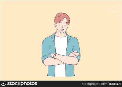 Positive person and emotion concept. Young smiling boy wearing casual clothing standing with crossed arms and looking at the camera vector illustration . Positive person and emotion concept