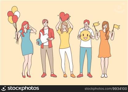 Positive thinking and emotions concept. Smiling happy young people cartoon characters standing in line communicating positive thoughts and feelings to each other vector illustration . Positive thinking and emotions concept