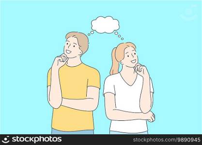 Positive thinking, couple in thoughts, cheerful people concept. Young smiling couple cartoon characters looking aside, touching chin and thinking together vector illustration . Positive thinking, couple in thoughts, cheerful people concept
